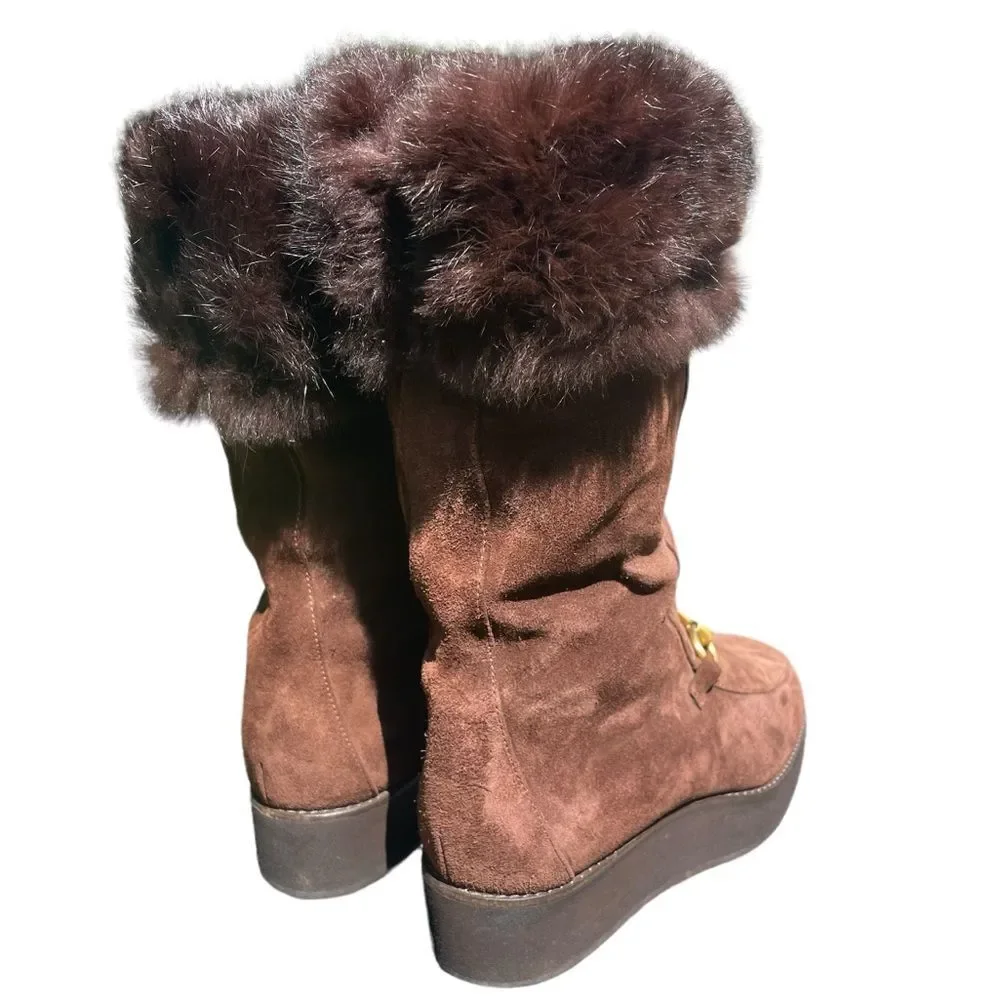 GUCCI Horsebit Gold Accent Boots Brown Suede Fur Cuff And Lined Platform Size 5